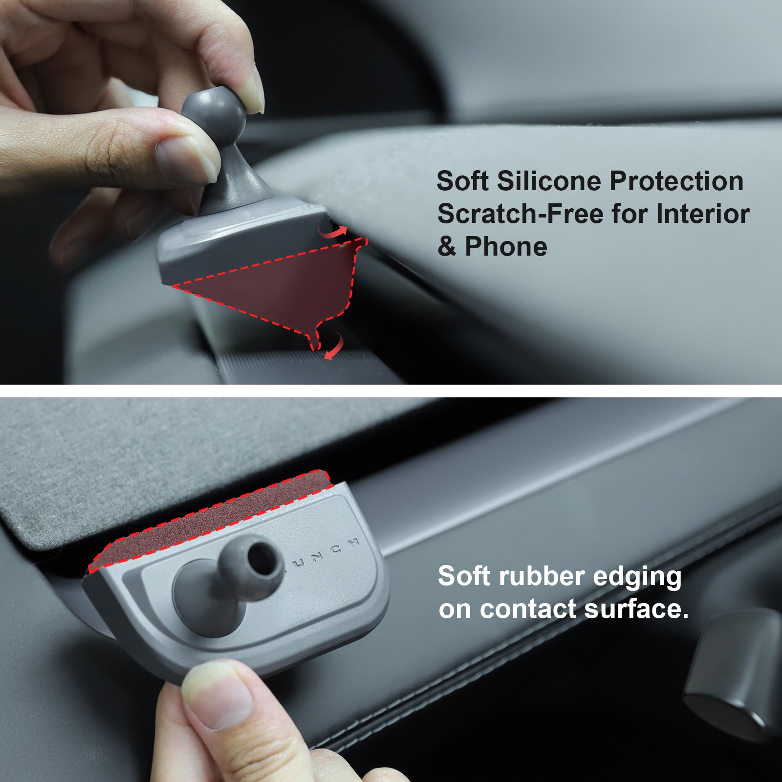 Close-up of Tesla phone mount base showing soft silicone protection and scratch-free rubber edging on contact surfaces to protect car interior and phone