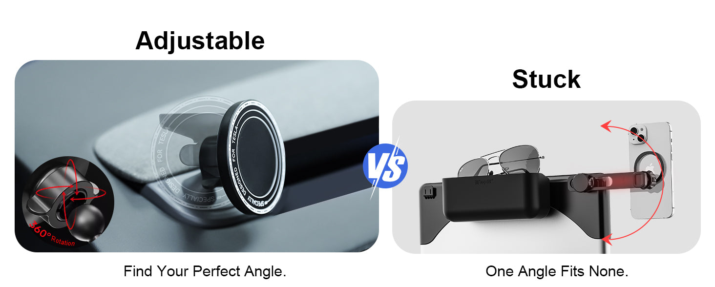 Comparison of adjustable vs. fixed car phone mounts: Left side shows a 360° rotatable MagSafe mount for finding the perfect viewing angle