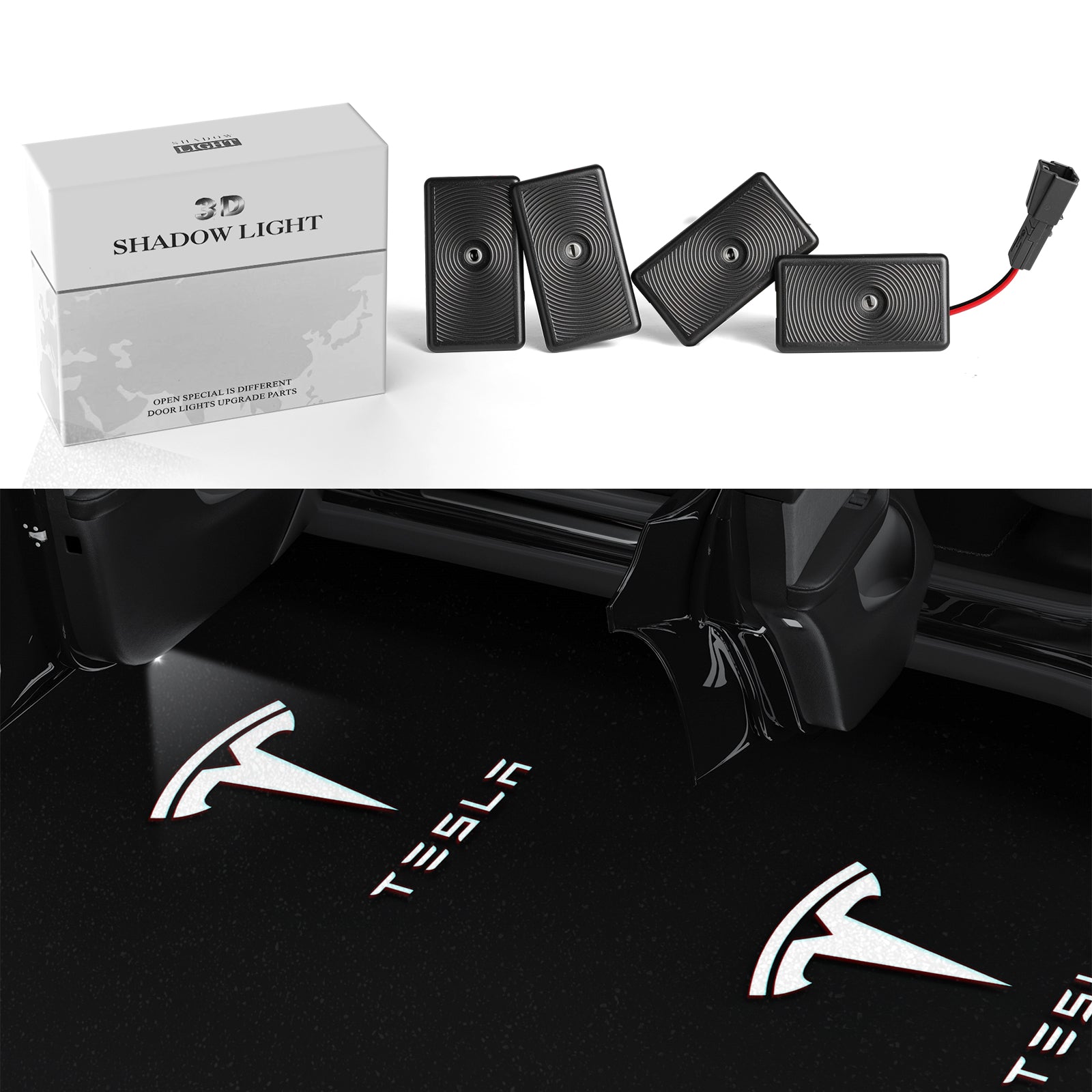 3D Shadow Light for Tesla Model 3/Y, set of 4 door projector lights with Tesla logo, shown with packaging box and real-life projection on the ground, enhancing car's luxury and tech feel.