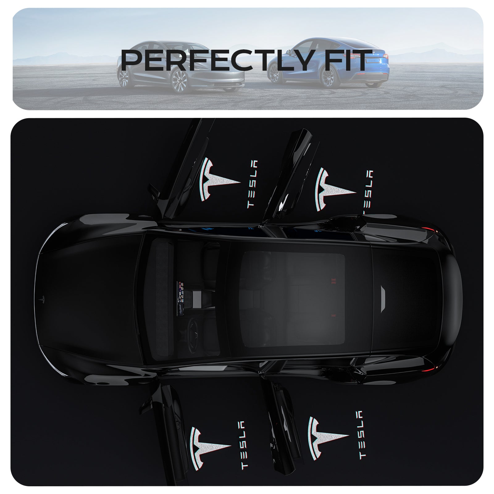 Top-down view of a black Tesla Model Y with all four doors open, showcasing the 3D laser projection courtesy lights illuminating the ground with the Tesla logo and text, demonstrating perfect fit and premium welcome effect.