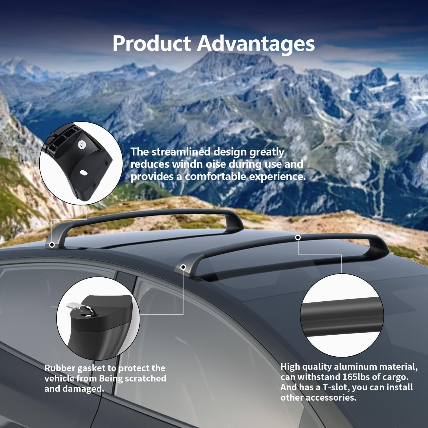 Tesla Model Y 2021-2024 roof crossbars with anti-theft lock, T-slot channel, and noise-reducing aerodynamic design.