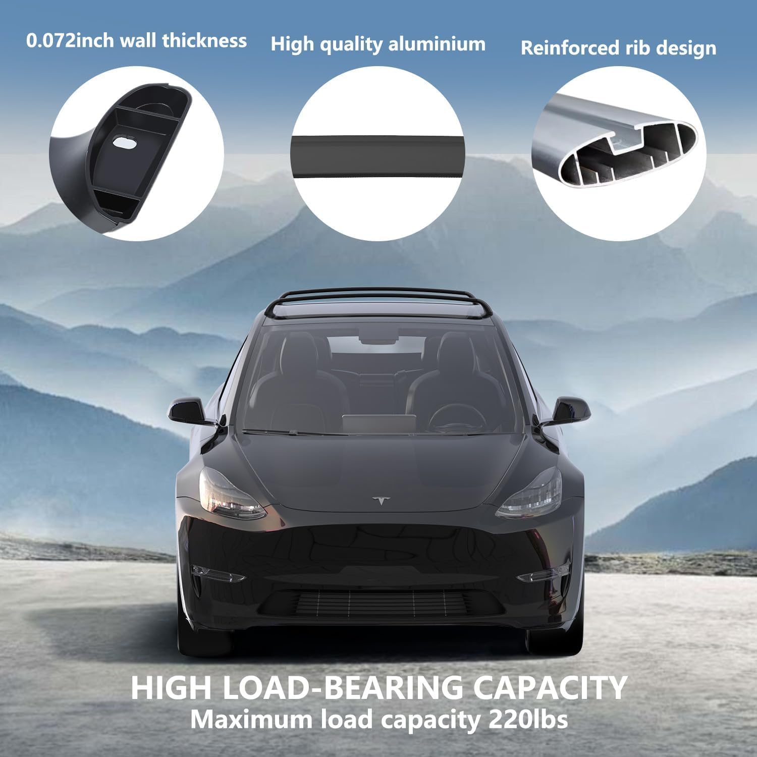 Aerodynamic roof rack crossbars for Tesla Model Y (2021-2024) with 0.072-inch wall thickness, high-quality aluminum construction, reinforced rib design, and a maximum load capacity of 220 lbs, ideal for carrying cargo, bikes, or ski carriers.