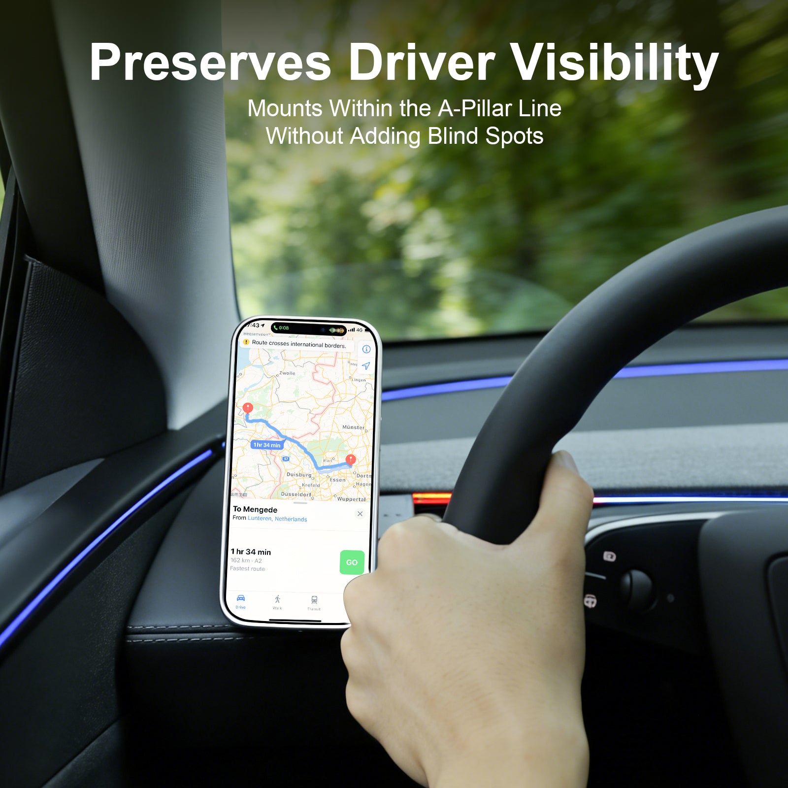 MagSafe car mount for Tesla Model 3 (2024-2026) and Model Y (2025-2026), magnetic phone holder installed on driver-side A-pillar, preserves driver visibility, no charging function