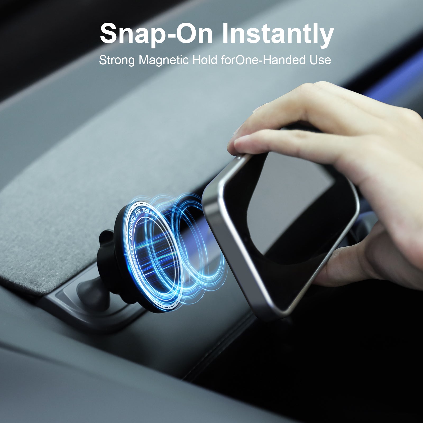 MagSafe car mount for Tesla Model 3 & Y demonstrating strong magnetic snap-on connection, one-handed phone attachment