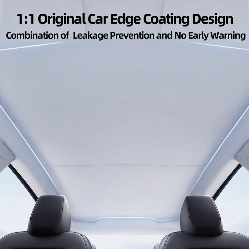 Tesla Model Y panoramic roof sunshade with 1:1 edge-fit design, no glue needed, prevents light leakage and maintains original car aesthetics.