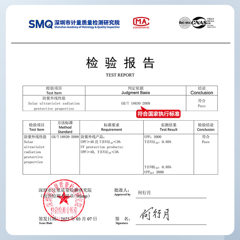 SMQ Test Report for Tesla Model Y sunshade verifying UPF 2000 and UV blocking performance, certified by Shenzhen Academy of Metrology & Quality Inspection.