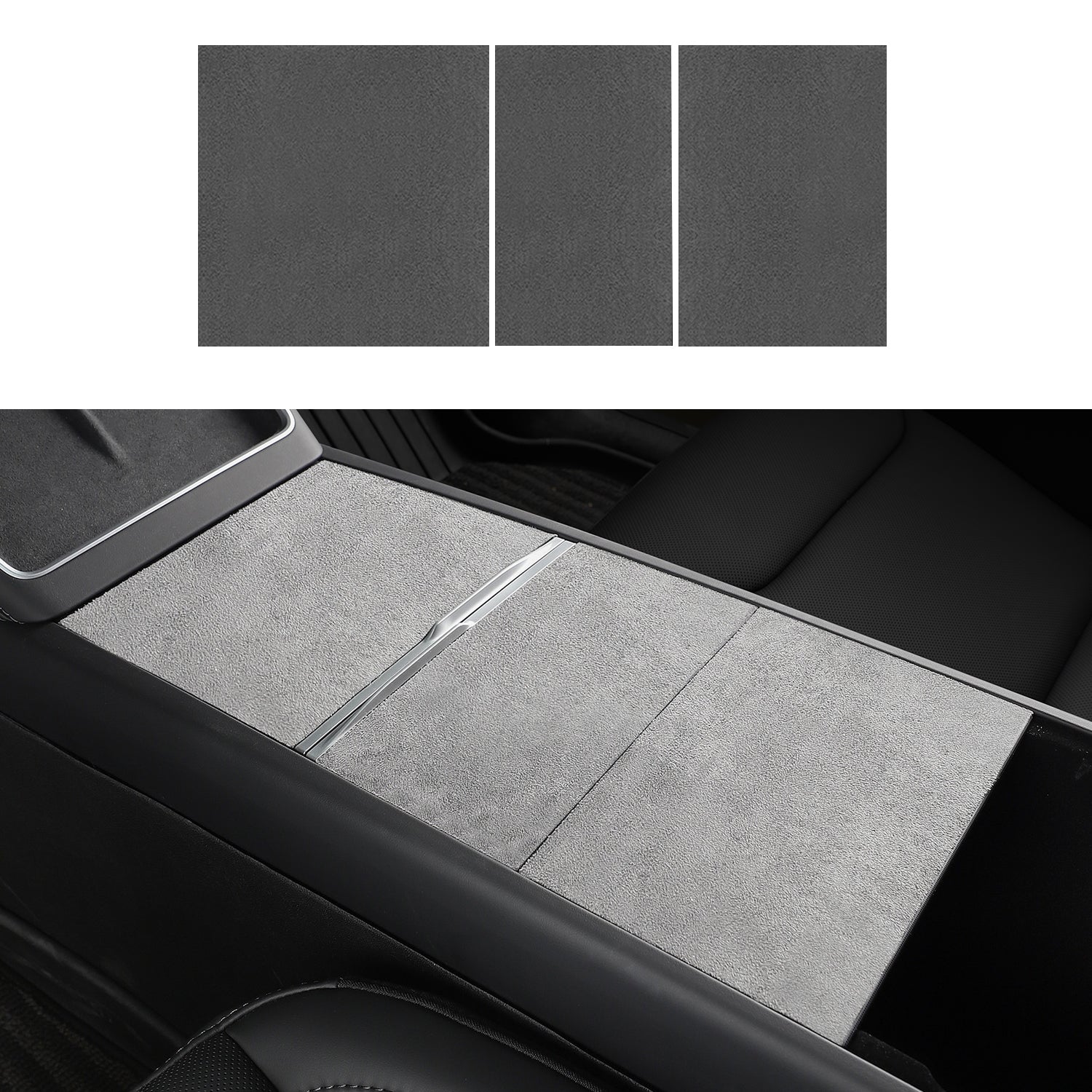 Suede center console wrap for Tesla Model 3 and Model Y, showing 3-piece set and installed view.