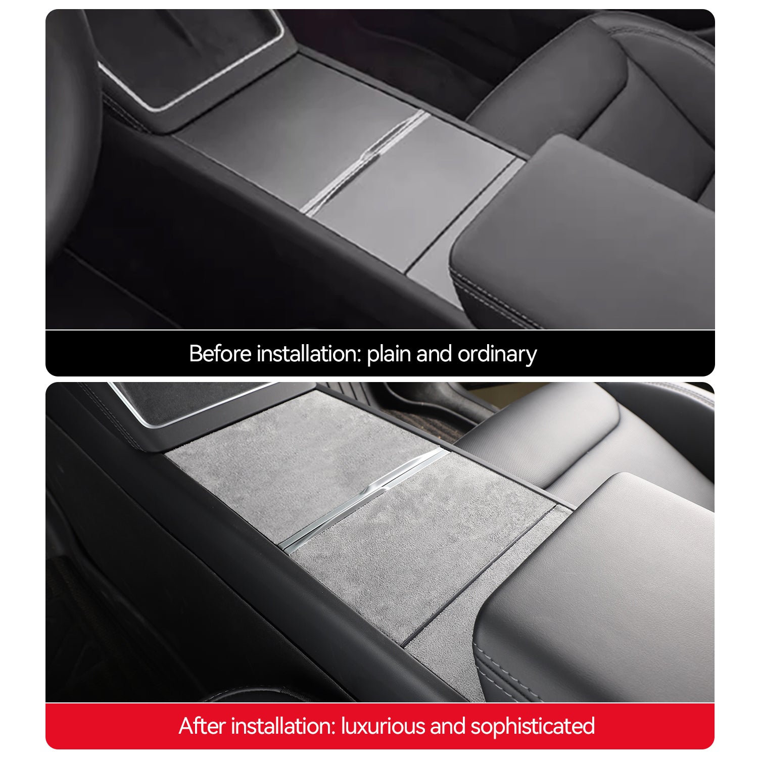 Before and after comparison of a Tesla center console with a suede wrap installed, showing the transformation from a plain, glossy surface to a luxurious, matte finish.