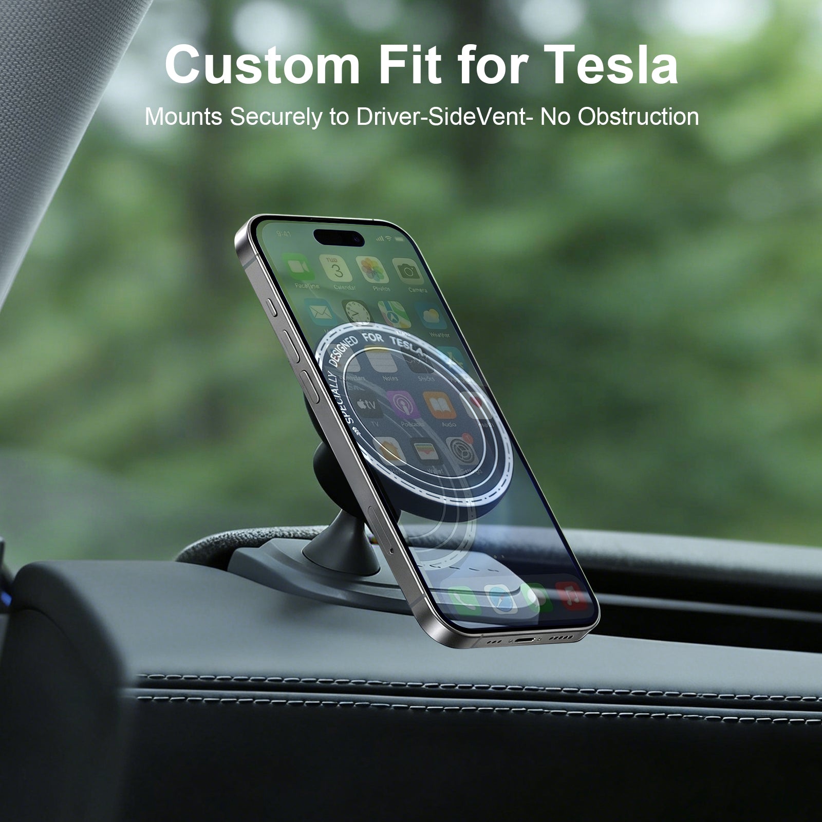 MagSafe car mount for Tesla Model 3 (2024-2026) and Model Y (2025-2026), magnetic phone holder installed on driver-side air vent, no charging function