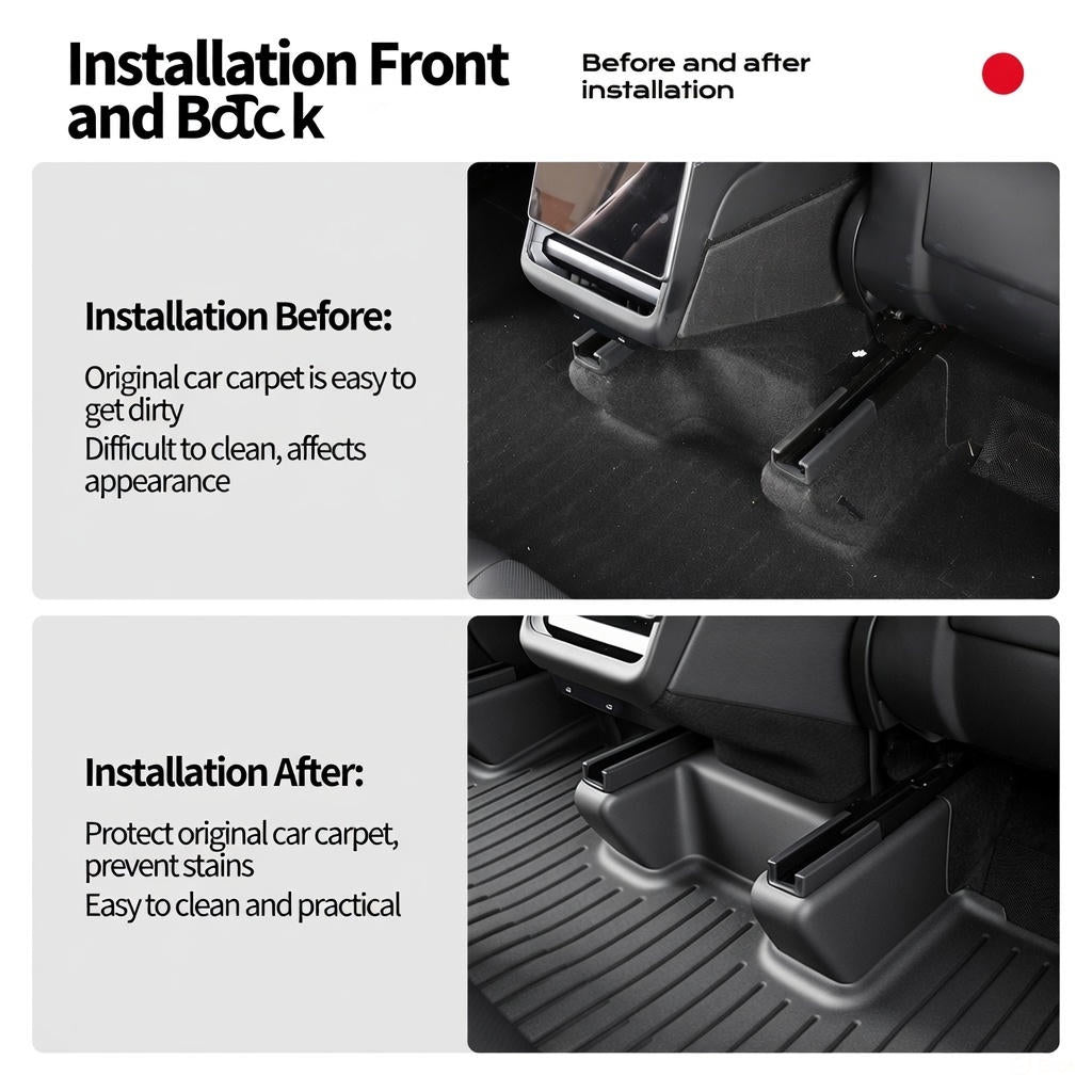 Before and after installation of seat rail protectors for Tesla Model Y, showing protection against dirt and stains on original carpet.