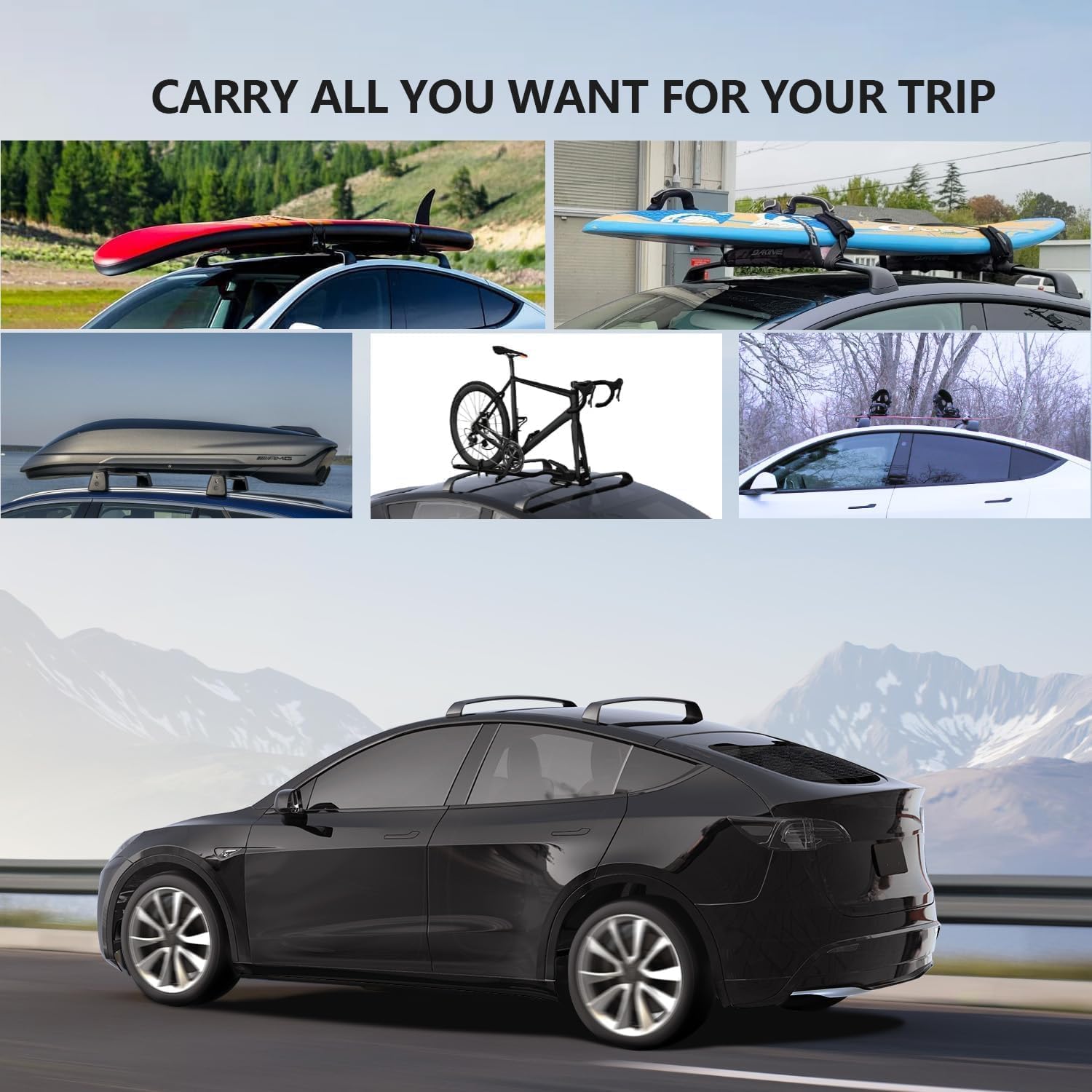 Tesla Model Y equipped with versatile roof rack crossbars, demonstrating high load capacity by carrying a red surfboard, blue kayak, rooftop cargo box, and a road bike, perfect for outdoor adventures and family trips.