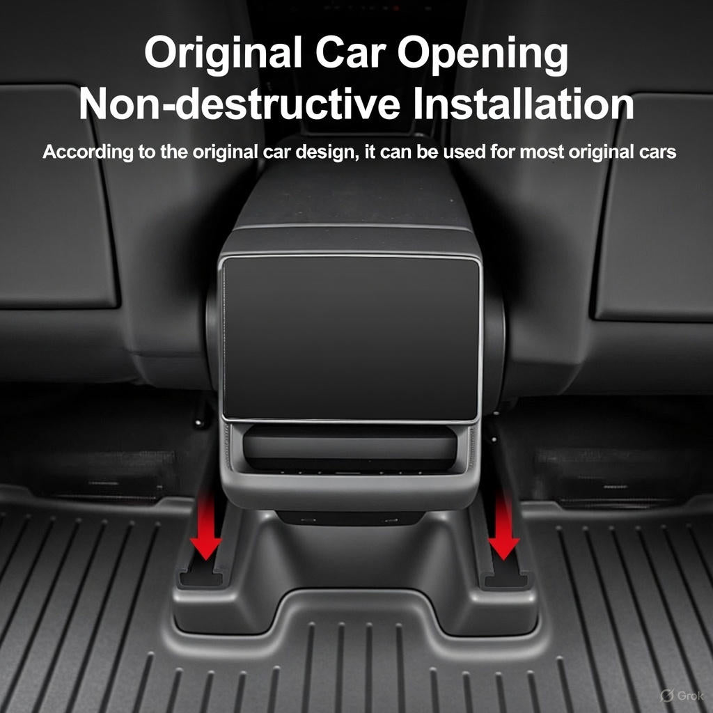Before and after installation of seat rail protectors for Tesla Model Y, showing protection against dirt and stains on original carpet.