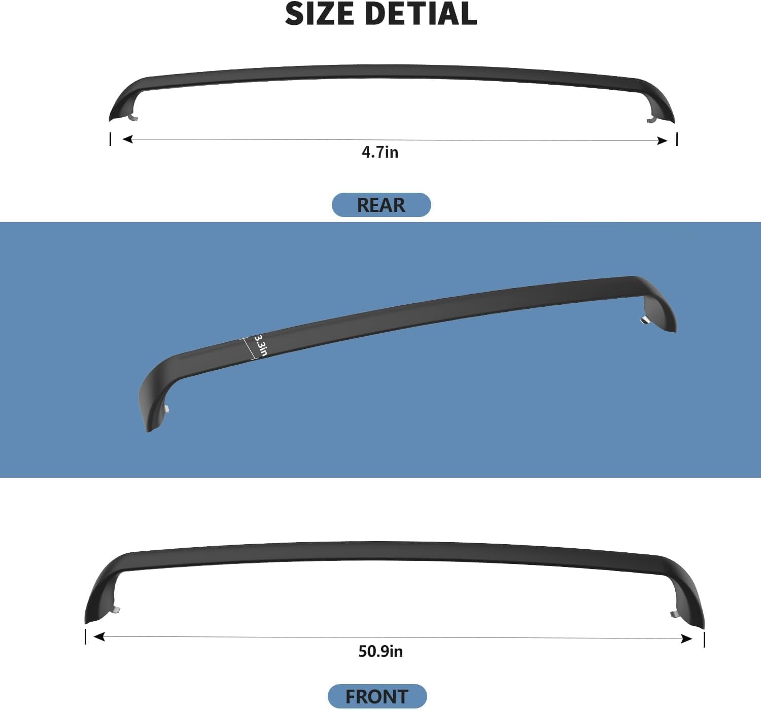 Dimensional diagram of a roof rack crossbar set, showing the front bar measuring 50.9 inches in length and the rear bar measuring 4.7 inches, with a side profile view indicating a height of 1.35 inches.