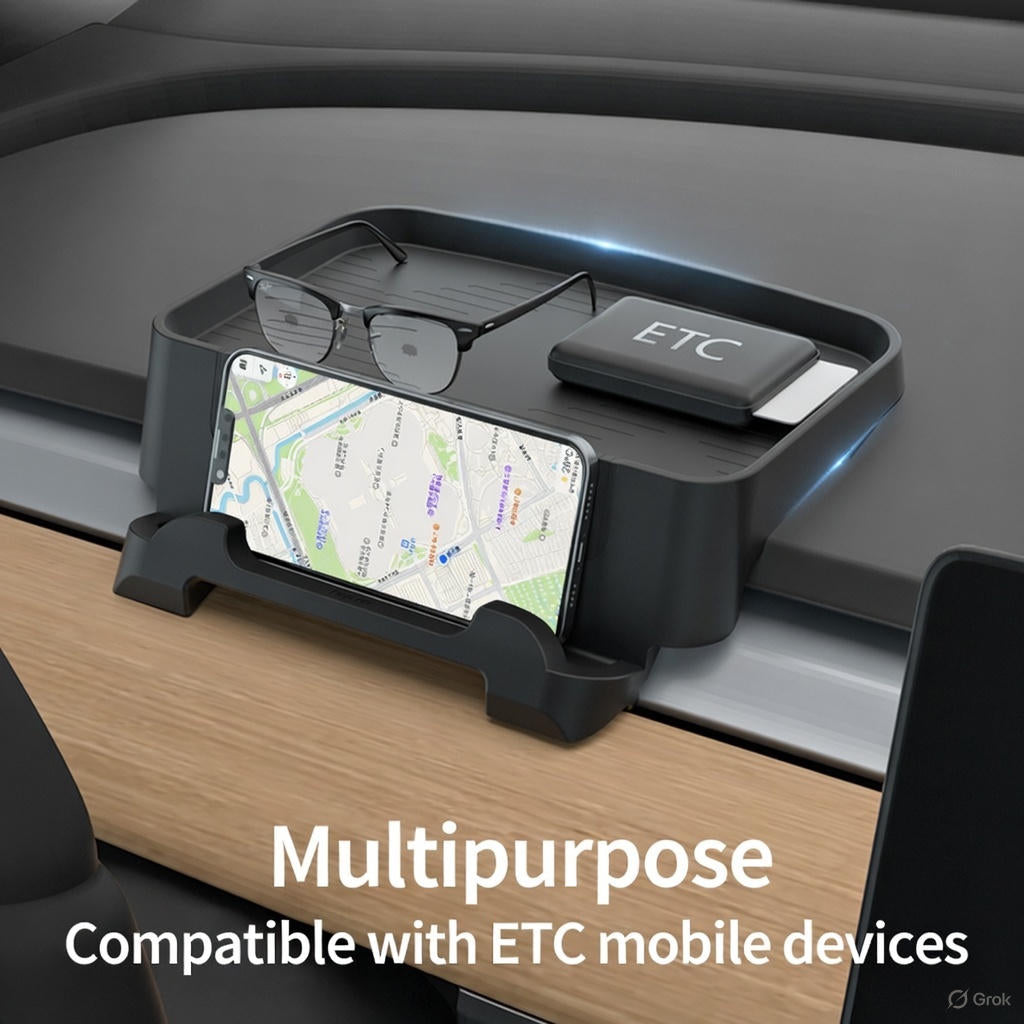Multipurpose silicone organizer for Tesla Model 3/Y featuring a phone mount, sunglasses tray, and a dedicated slot for parking passes or toll cards