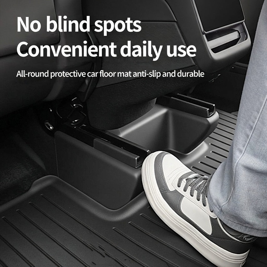 Tesla Model Y seat base anti-kick protector with full coverage, preventing carpet stains and offering durable, non-slip protection for daily use.